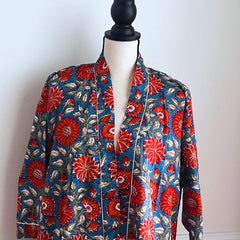 Pure Cotton robe, Indian Block printed House Robe Summer Kimono, red and Blue Floral Beach Coverup/Comfy Maternity wear, Gift for her