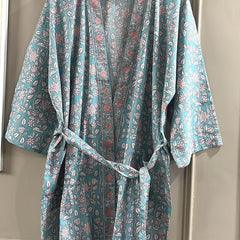 Blue Cotton Kimono Robe Dressing Gown, Hand Block Print Bridesmaid Robe, Summer Nightwear, One Size, Birthday gift for her
