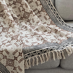 Brown floral throw blanket with tassels Boho home decor Hand block print sofa throw handmade throw for boho bed room decor Housewarming gift