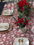 Rec Block Print Tablecloth, Tablecloth, Christmas Tablecloth Rectangle, Cotton Boho Red Floral Table Scape, Holiday/Christmas Decor