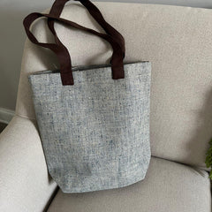 Linen tote bag for knitting & Crochet Project Tote Bag with leather straps, Gift for mom
