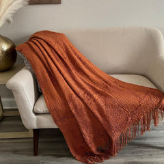 Throw Blanket in Burnt Orange Rustic Autumn Seasonal Décor Cozy Knitted Cover with Fringe Tassels Boho Bedspread Sofa Blanket New Home Gift