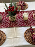 Red block print cotton table runner with napkins,, handprinted table linen, Wreath print, Christmas table scape