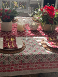 Red block print cotton table runner with napkins,, handprinted table linen, Wreath print, Christmas table scape