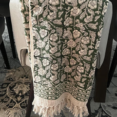 Green floral throw blanket couch Handmade throw blanket with tassels Hand block print cotton bedding Spring home decor Hand loomed throw