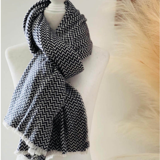 Black Herringbone Merino Wool Scarf, Made in Nepal, Unisex