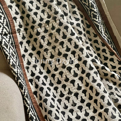 Black Hand Block Print Cotton Throw Blanket: Boho Floral with Tassels