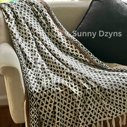 Black Hand Block Print Cotton Throw Blanket: Boho Floral with Tassels