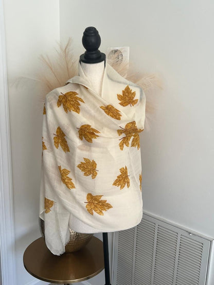 Soft Cashmere Scarf in Yellow Leaves Pattern, Gift for her