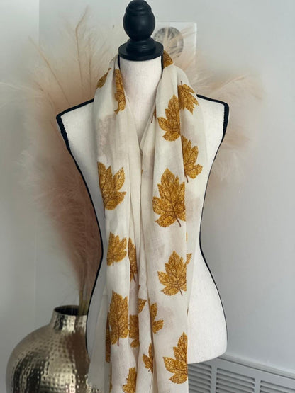 Soft Cashmere Scarf in Yellow Leaves Pattern, Gift for her