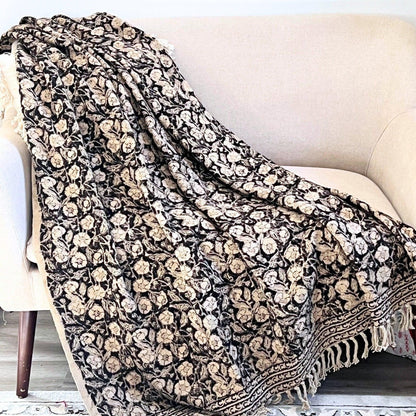 Black floral handmade cotton pillow cover detail