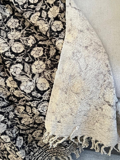 Handmade black floral cotton pillow cover