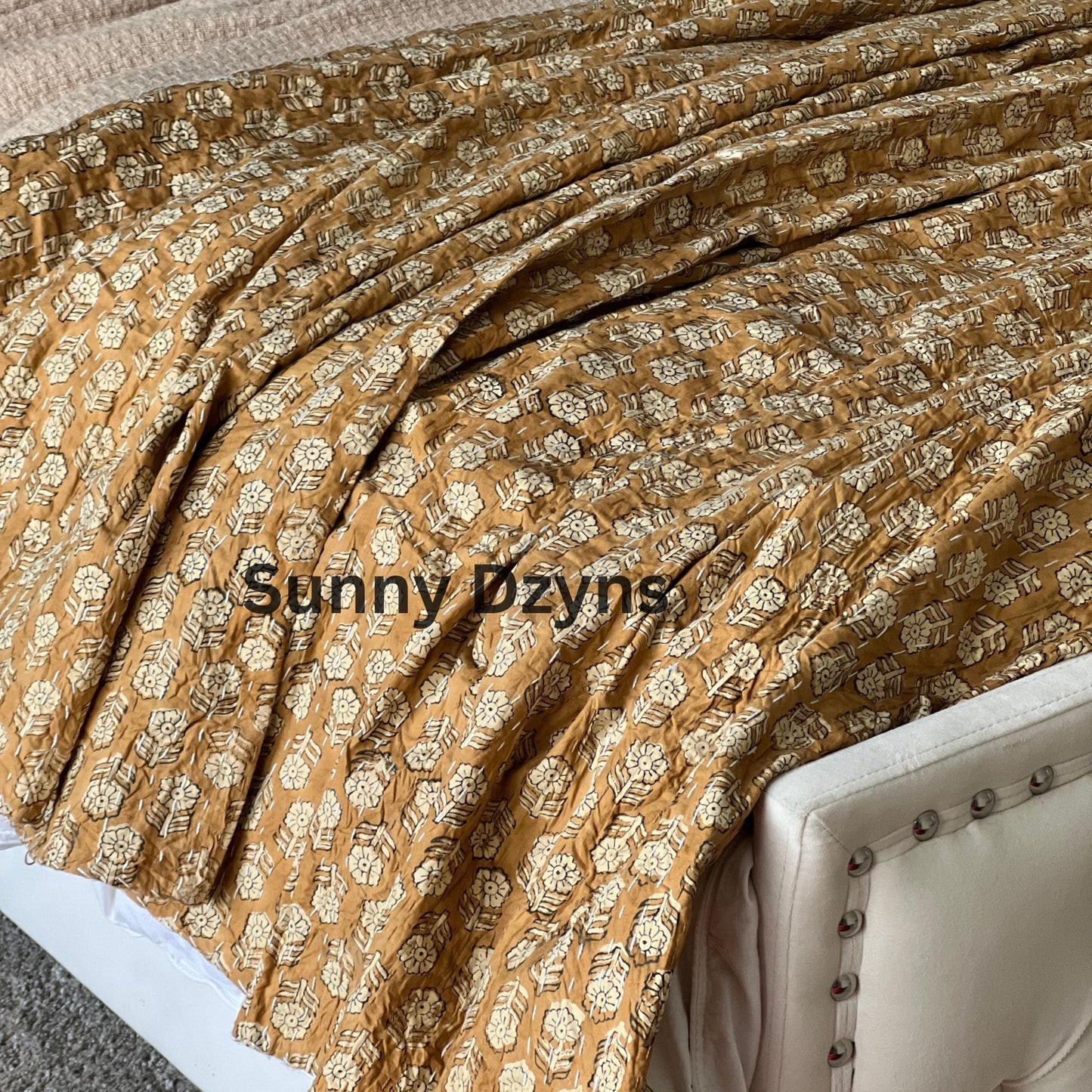 Mustard Yellow Kantha Quilt: Floral Print Indian Cotton Bedding