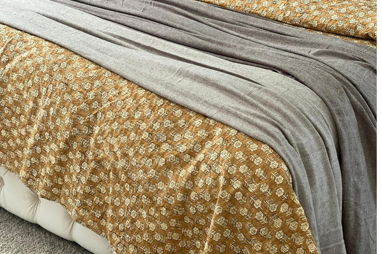 Mustard Yellow Kantha Quilt: Floral Print Indian Cotton Bedding