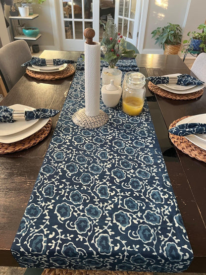 Handmade Indigo Floral Table Runner & Napkins: Block Print Cotton Dining Decor