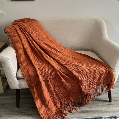 Super Soft Knitted Throw Blanket, Rust Orange Tassels (50x90)