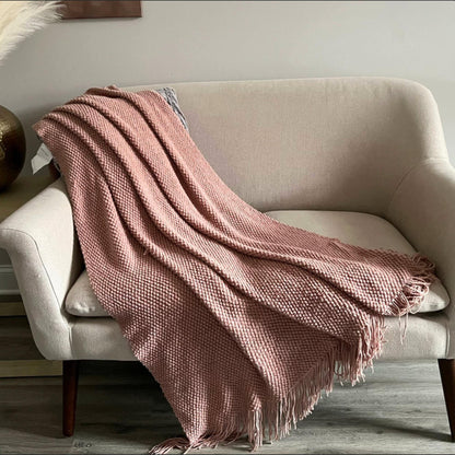Super Soft Knitted Throw Blanket, Rust Orange Tassels (50x90)