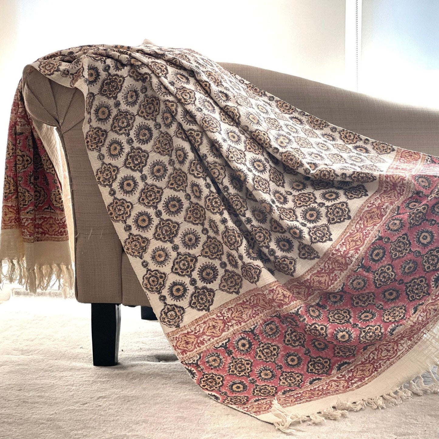 Handmade Pink Block Print Cotton Throw Blanket with Tassels