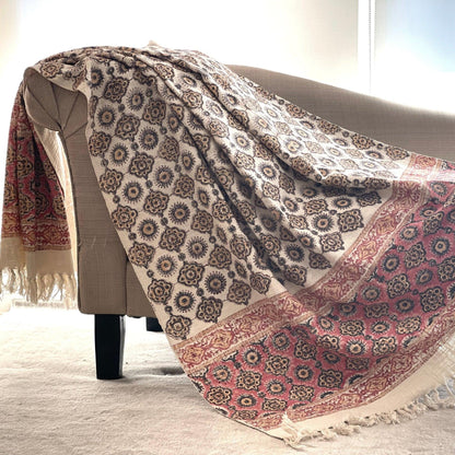 Handmade Pink Block Print Cotton Throw Blanket with Tassels