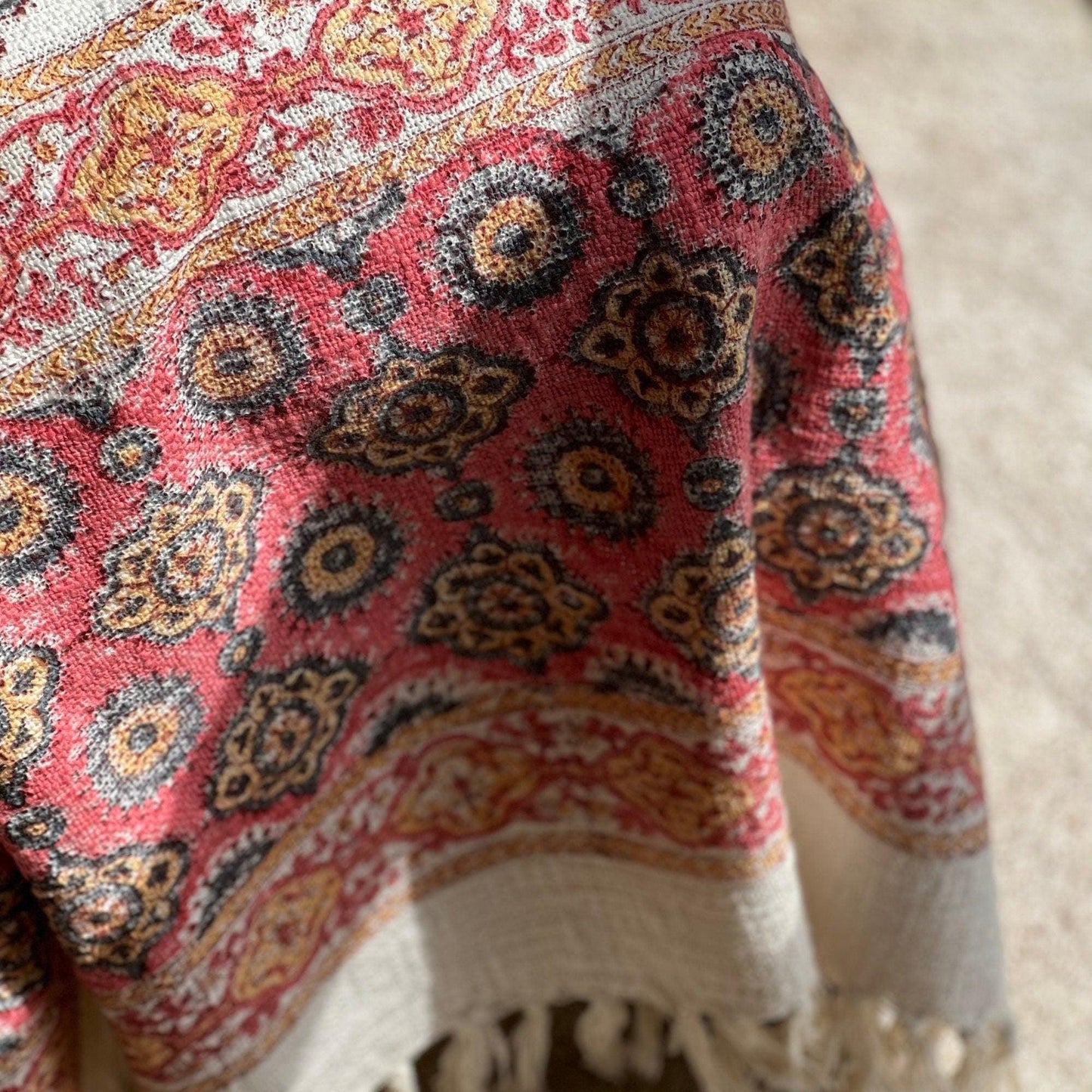Handmade Pink Block Print Cotton Throw Blanket with Tassels