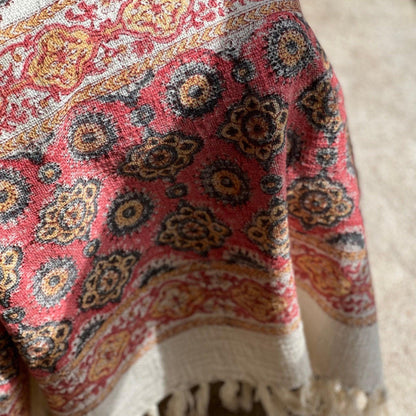 Handmade Pink Block Print Cotton Throw Blanket with Tassels