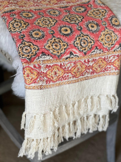 Handmade Pink Block Print Cotton Throw Blanket with Tassels