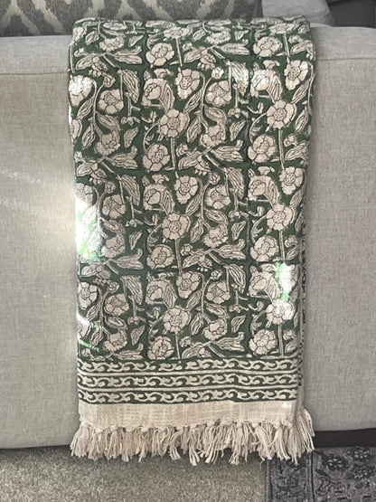 Handmade Indian Block Print Floral Throw Blanket Boho Cotton Blanket with Tassels