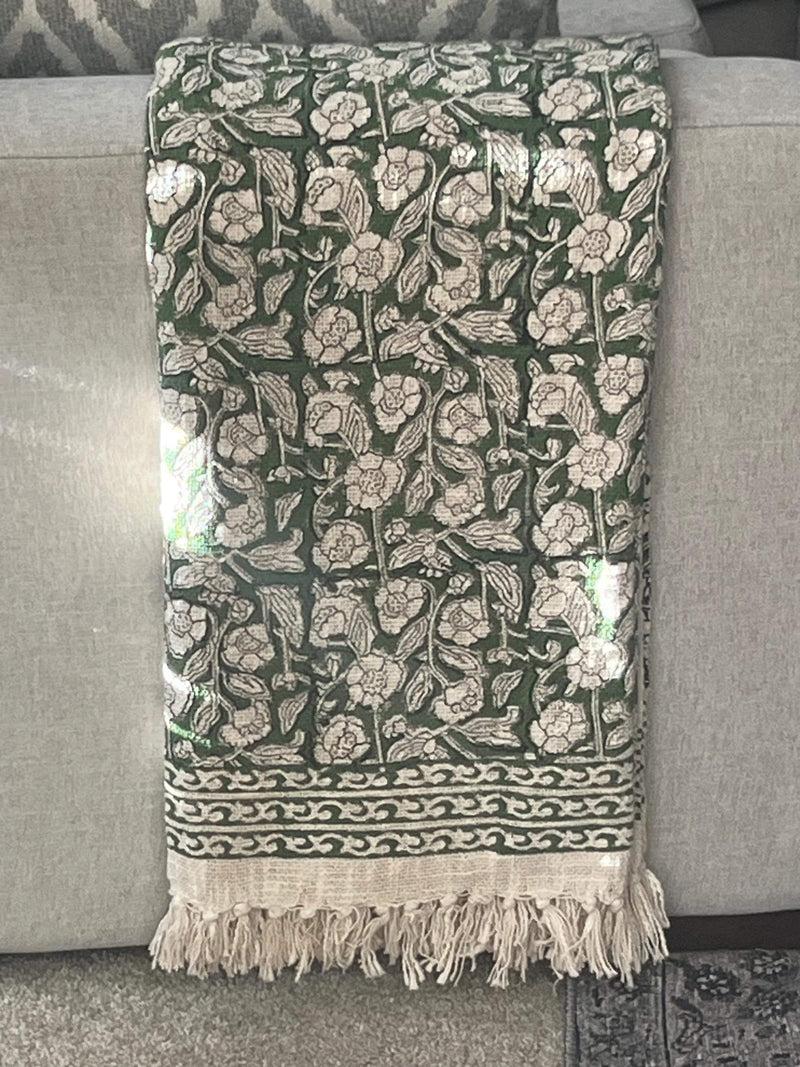 Handmade Indian Block Print Floral Throw Blanket Boho Cotton Blanket with Tassels