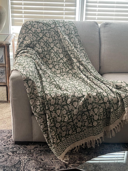 Handmade Indian Block Print Floral Throw Blanket Boho Cotton Blanket with Tassels