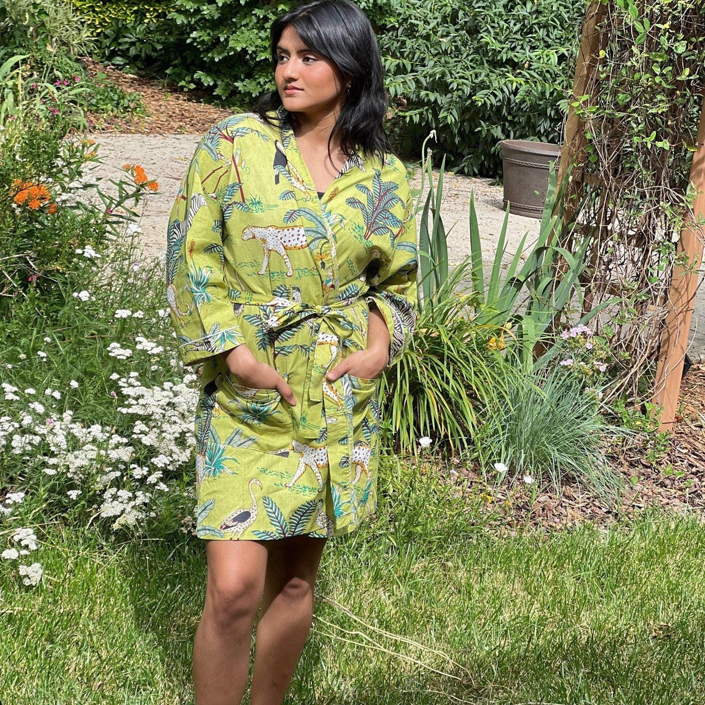 Pure Cotton short length morning robe, Indian Block printed House Robe Summer Kimono