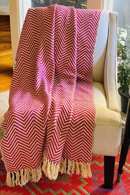 Pink Chevron Cotton Throw Blanket with Tassels