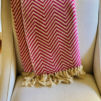 Pink Chevron Cotton Throw Blanket with Tassels