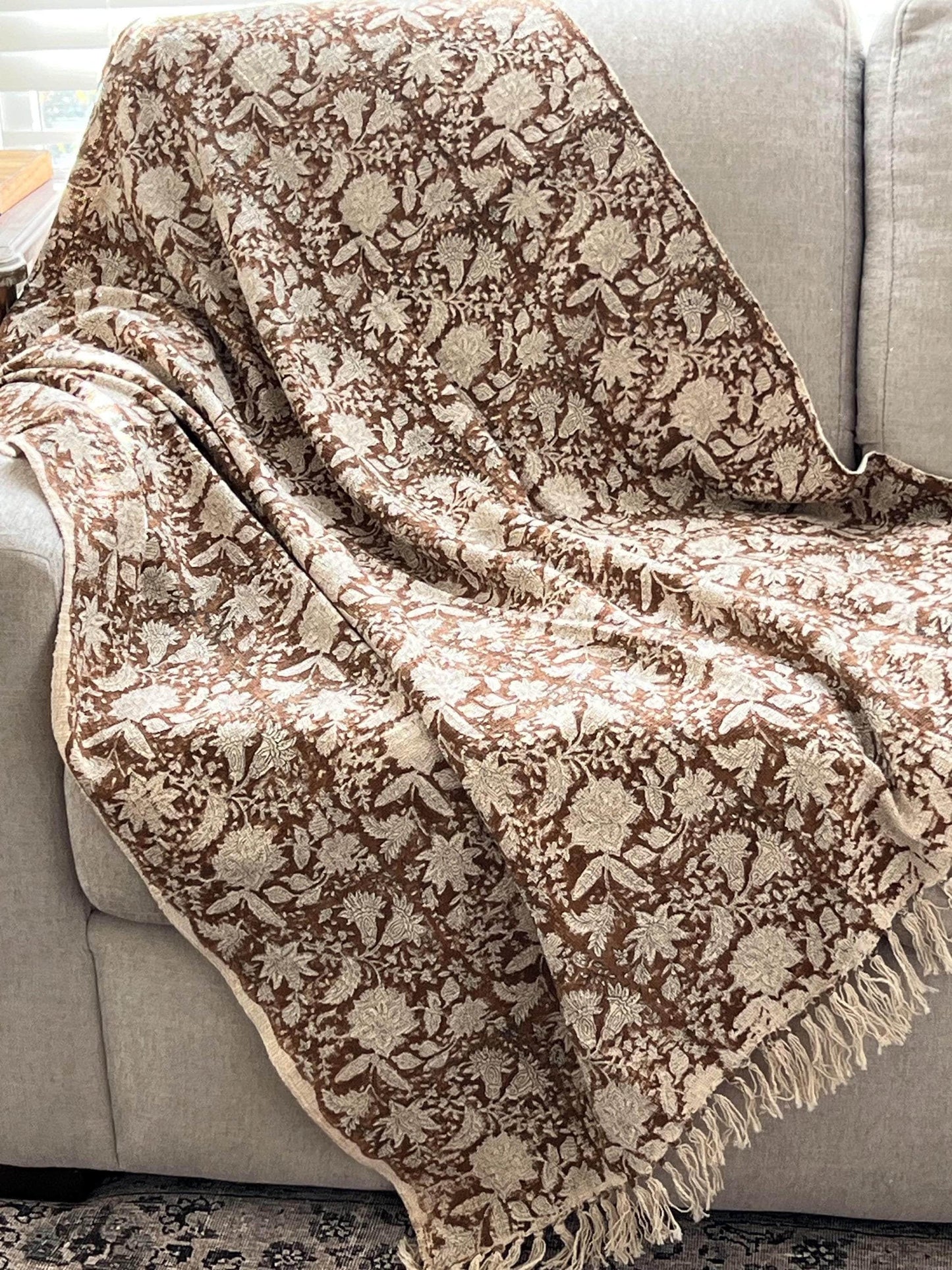 Handmade Throw Hand Block Print Cotton Blanket Tassels HandLoomed Sofa Throw,Boho Bedroom Decor