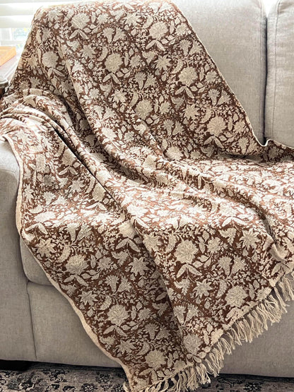 Handmade Throw Hand Block Print Cotton Blanket Tassels HandLoomed Sofa Throw,Boho Bedroom Decor