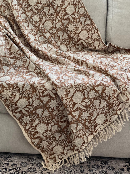 Handmade Throw Hand Block Print Cotton Blanket Tassels HandLoomed Sofa Throw,Boho Bedroom Decor