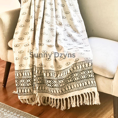 Hand Block Print Black Floral Throw Blanket: Boho Sofa Throw for Home Decor