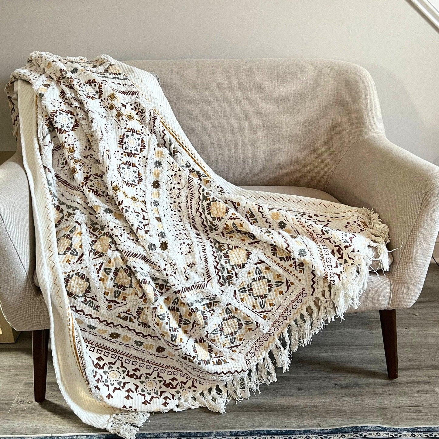 Handmade Bohemian Throw Blanket with tassels for Couch Cotton Sofa Throw  For Home Decor