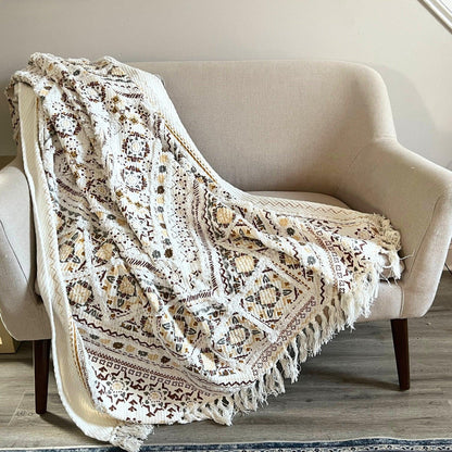Bohemian Block Print Cotton Sofa Throw with Tassels