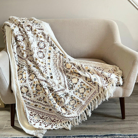 Handmade Bohemian Throw Blanket with tassels for Couch Cotton Sofa Throw  For Home Decor