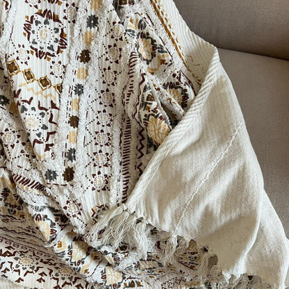 Bohemian Block Print Cotton Sofa Throw with Tassels