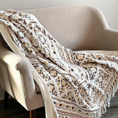 Bohemian Block Print Cotton Sofa Throw with Tassels