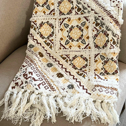 Bohemian Block Print Cotton Sofa Throw with Tassels