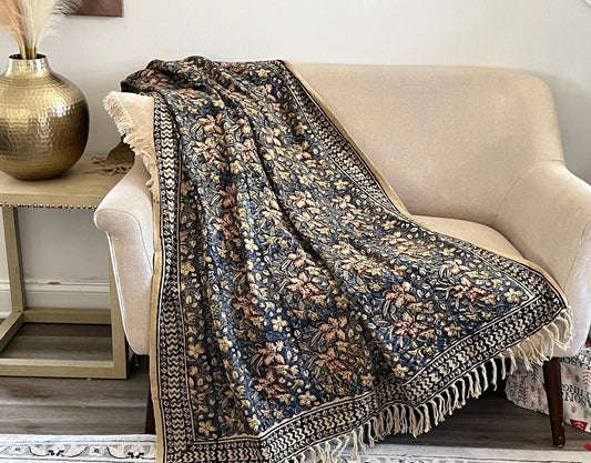 Handmade Vintage Floral Throw Blanket: Blue Cotton Boho Decor (50”x70”)