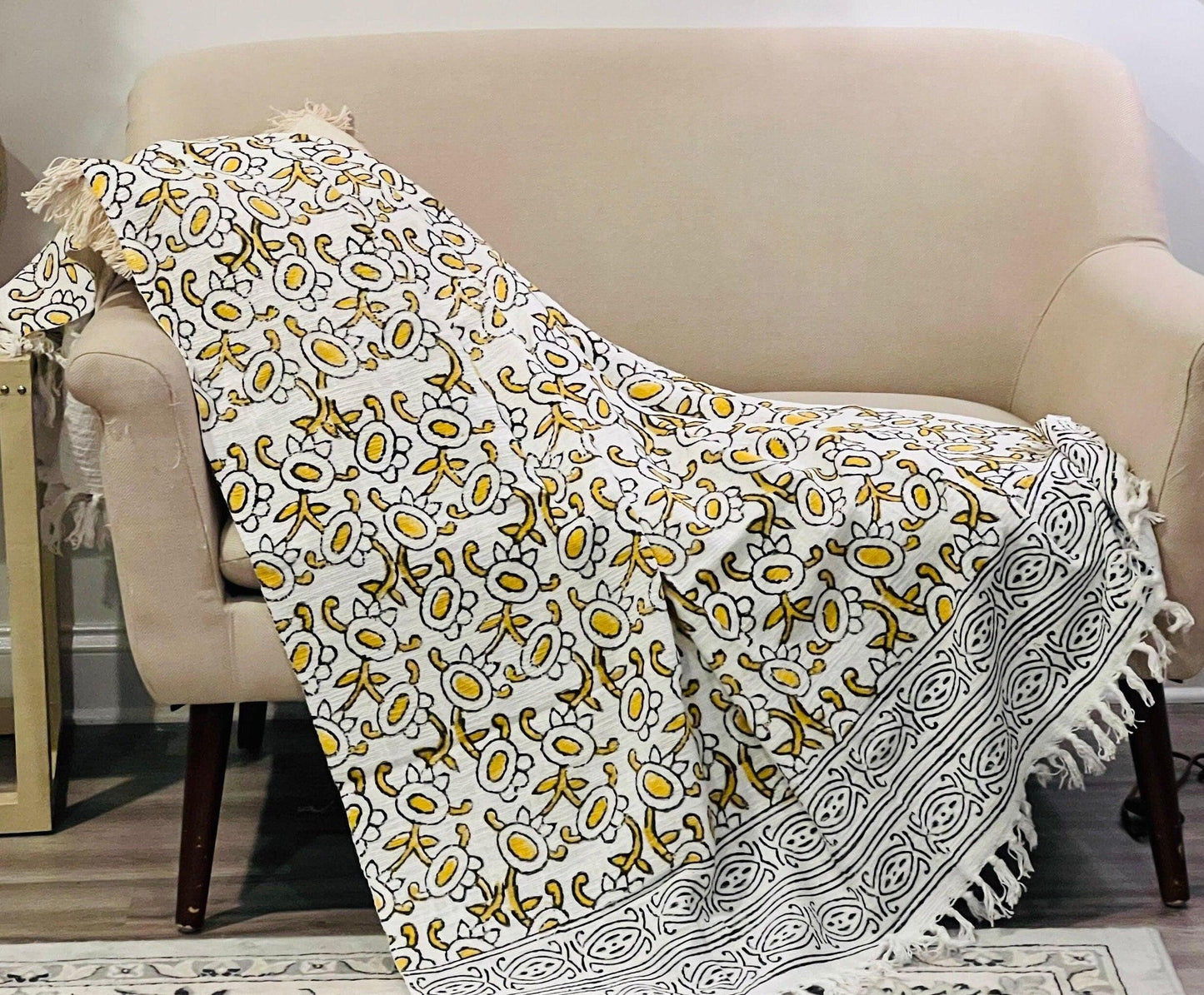 Hand Block Print Cotton Throw Blanket with Tassels