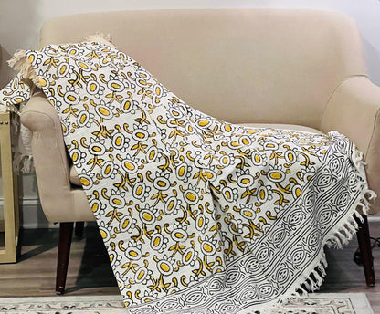 Hand Block Print Cotton Throw Blanket with Tassels