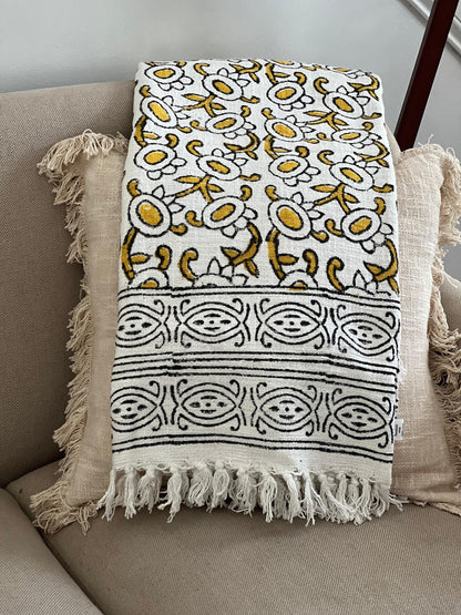 Hand Block Print Cotton Throw Blanket with Tassels