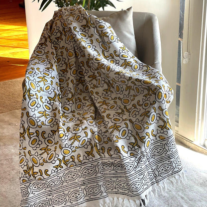 Hand Block Print Cotton Throw Blanket with Tassels
