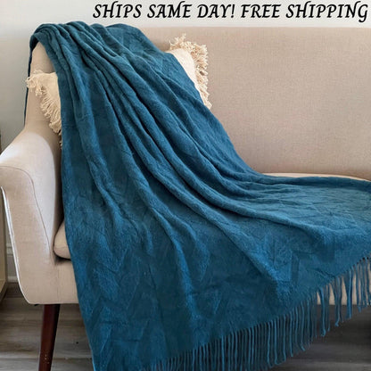 Rust Knitted Throw Blanket: Soft Chevron Pattern, Boho Home Decor