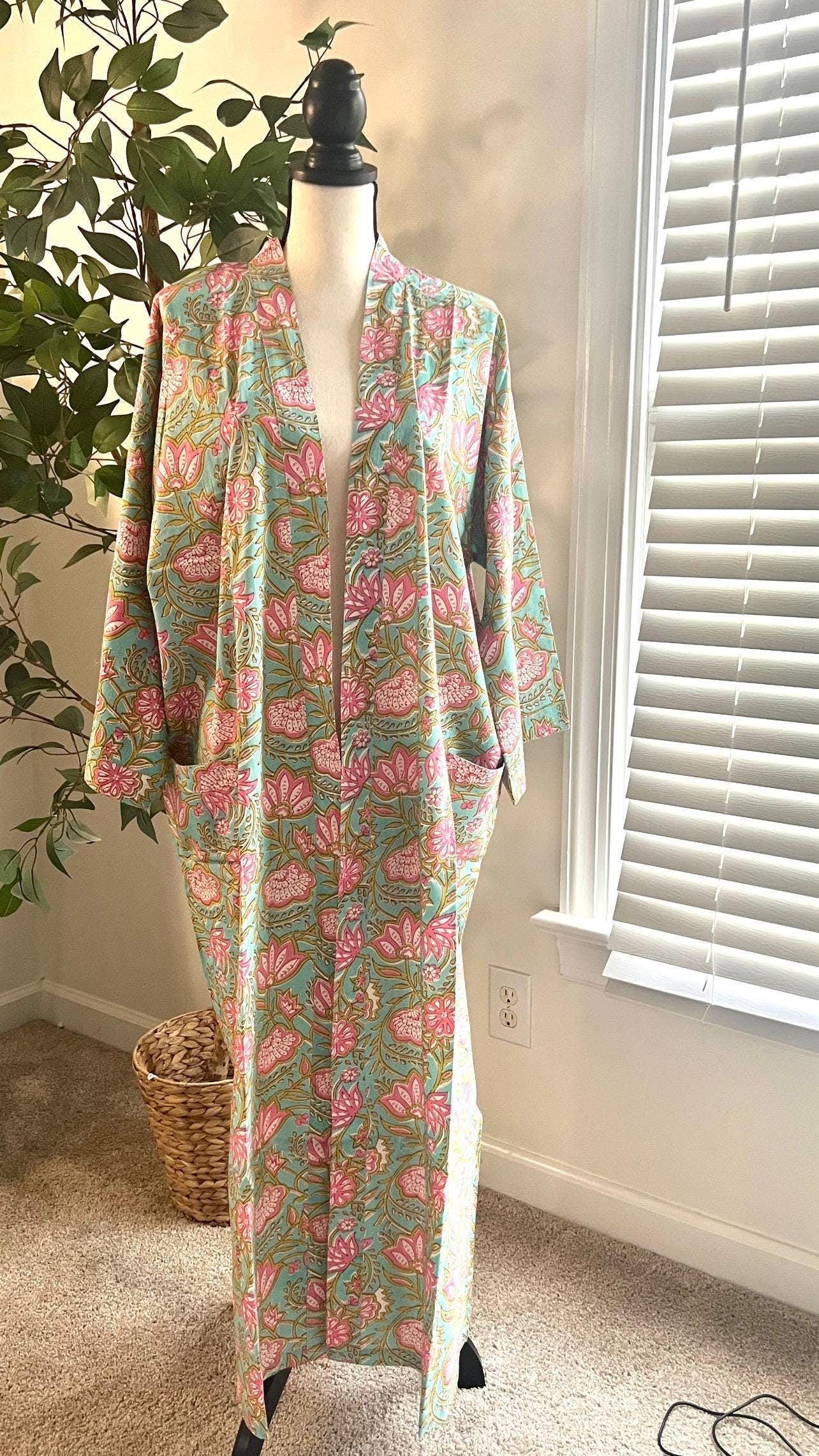 Blue Floral Hand Block Print Cotton Kimono Robe For Her