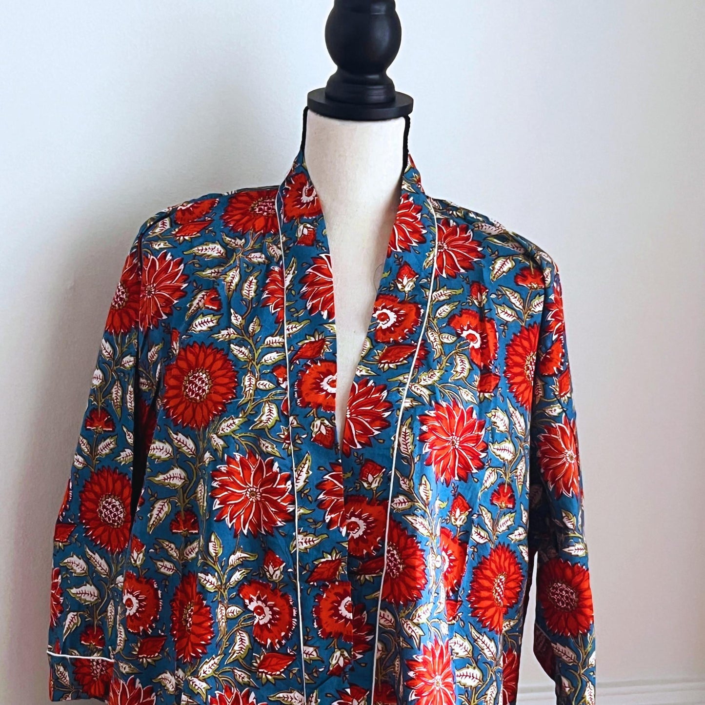 Red Cotton Robe Hand Block Print Beach Coverup